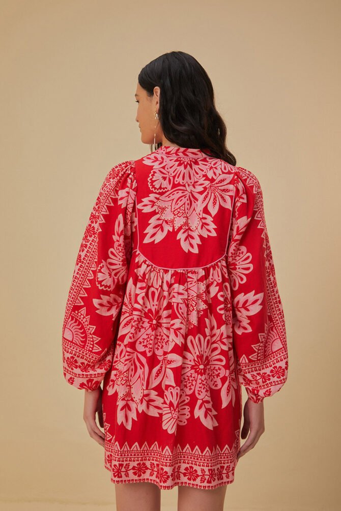 FLORA TAPESTRY RED LONG SLEEVE MINI DRESS - Image 4