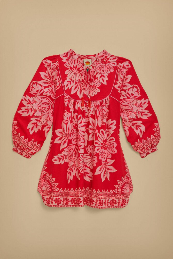 FLORA TAPESTRY RED LONG SLEEVE MINI DRESS - Image 7