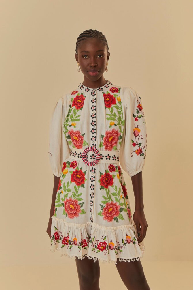 EMBROIDERED CARMINA FLORAL SHORT SLEEVE MINI DRESS