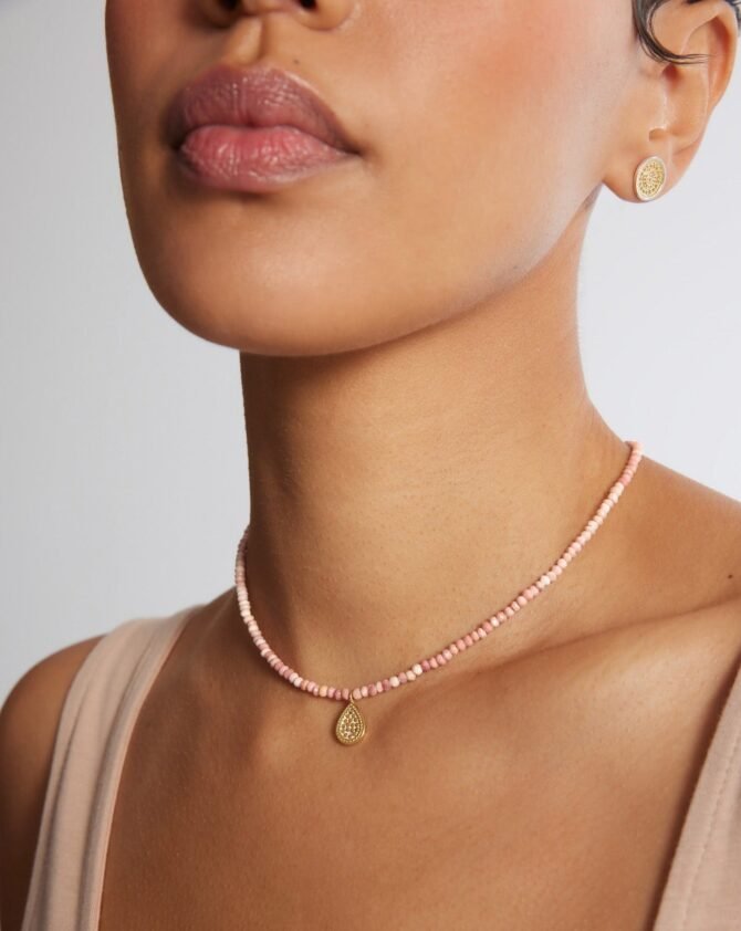 BEADED PINK OPAL DROP PENDANT NECKLACE - Image 2